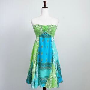 Peppermint Bay Vintage Patchwork Banana Strapless Smocked Cotton Mini Dress MED